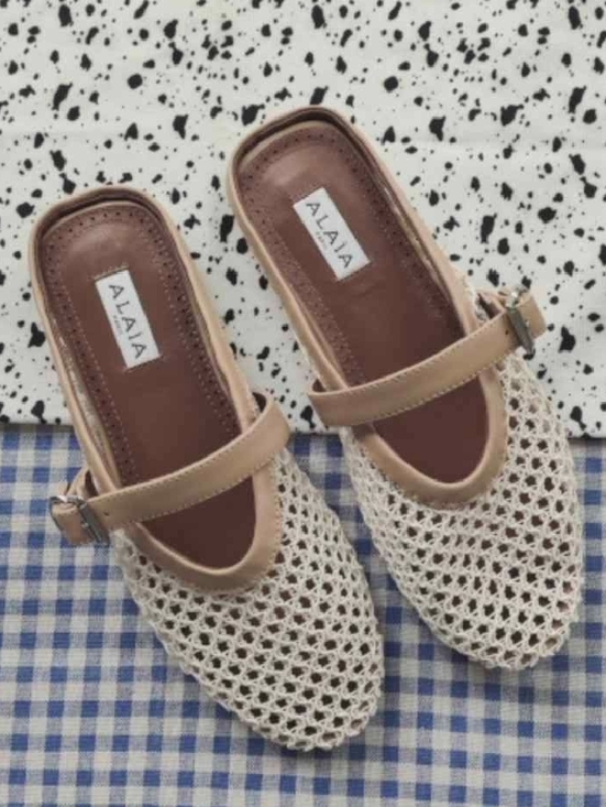 Alaia Shoes - Alaia Beige Crochet Mary Jane Mules